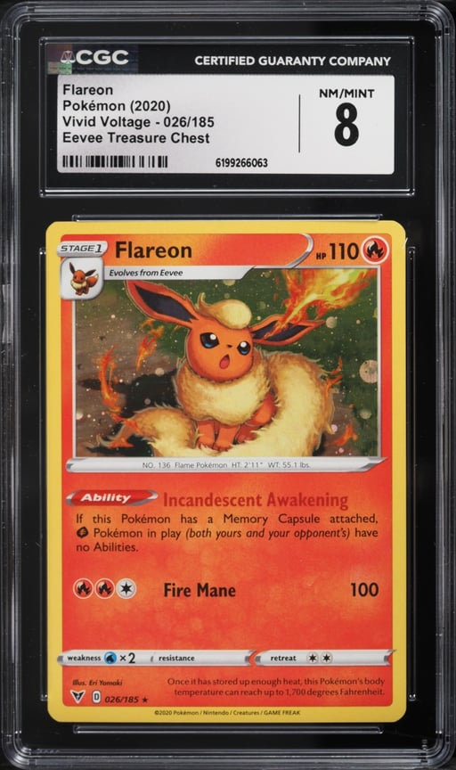 2020 Pokemon Sword & Shield Vivid Voltage Eevee Treasure Chest Flareon #026 CGC 8 NM-MT