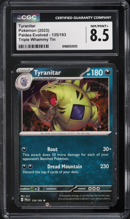 2023 Pokemon SV Paldea Evolved Triple Whammy Tin Cosmos Holo Tyranitar #135 CGC 8.5 NM-MT+