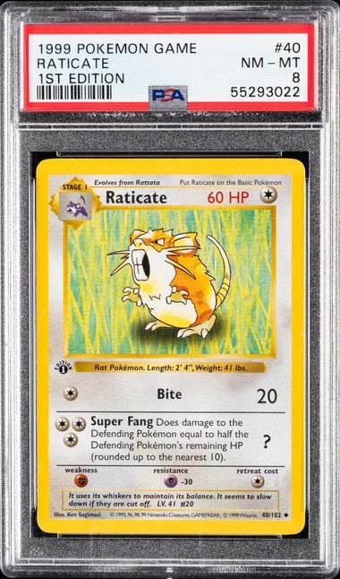 1999 POKEMON GAME #40 RATICATE 1ST EDITION PSA 8