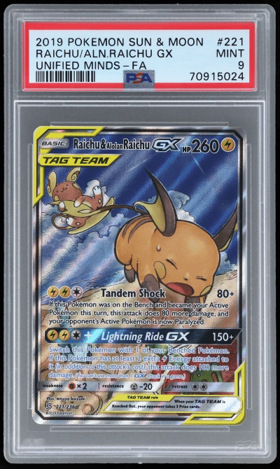 2019 Pokemon Sun and Moon Unified Minds Ultra Rare Alolan Raichu Gx/Raichu #221 PSA 9