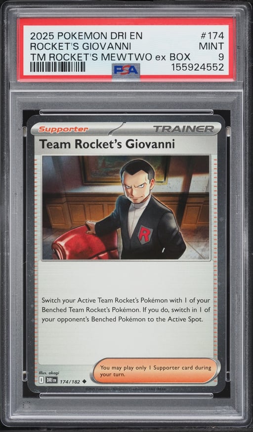 2025 Pokemon SV Destined Rivals Team Rocket's Mewtwo ex Box Rocket's Giovanni #174 PSA 9 MINT