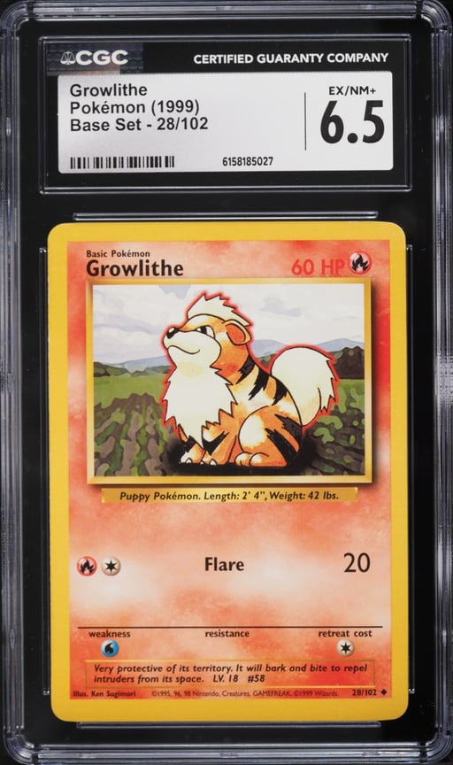 1999 Pokemon Base Set Growlithe #28 CGC 6.5 EXMT+
