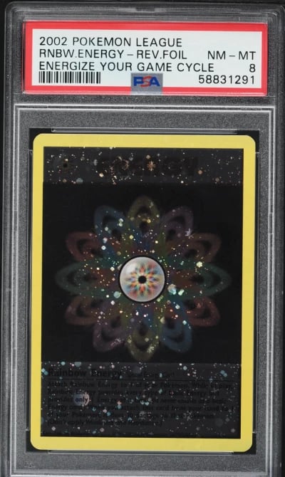 2002 Pokemon League Energize Your Game Cycle Reverse Holo Rainbow Energy PSA 8 NM-MT
