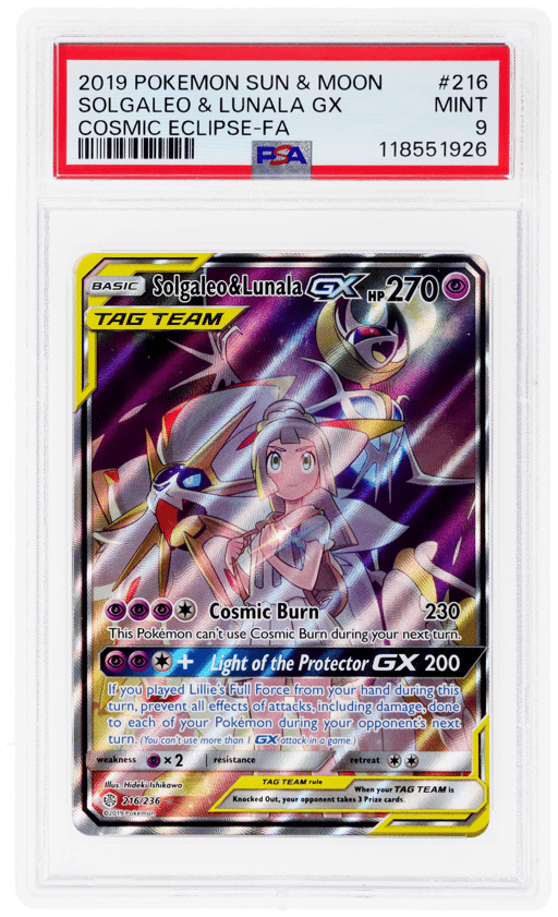 2019 Pokemon Sun and Moon Cosmic Eclipse Lunala/Solgaleo Gx #216 PSA 9