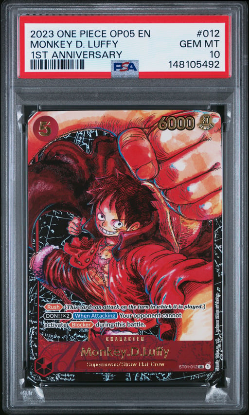 2023 ONE PIECE OP05-AWAKENING OF THE NEW ERA 012 MONKEY D. LUFFY 1ST ANNIVERSARY PSA 10
