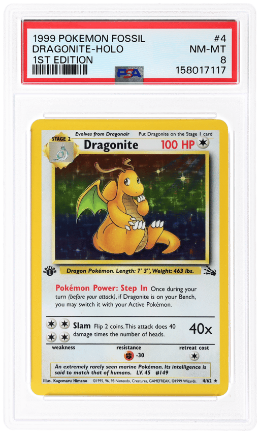 1999 Pokemon Fossil 1st Edition Holo Dragonite #4 PSA 8