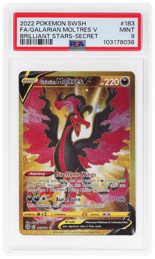 2022 Pokemon Sword and Shield Brilliant Stars Secret Rare Galarian Moltres V #183 PSA 9