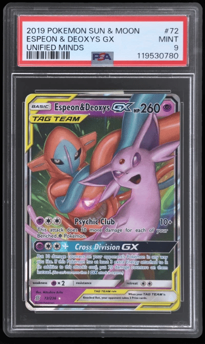 2019 Pokemon Sun and Moon Unified Minds Deoxys Gx/Espeon #72 PSA 9