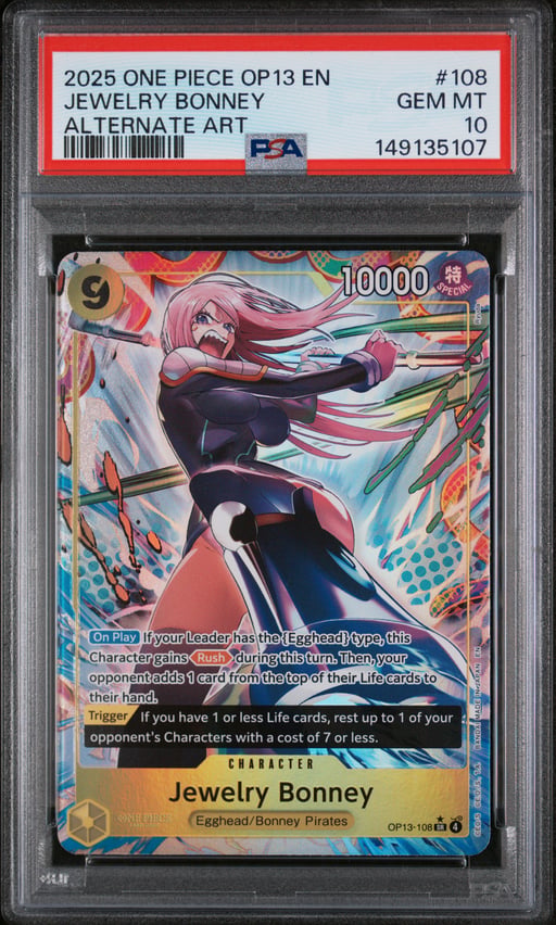 2025 ONE PIECE OP13-CARRYING ON HIS WILL 108 JEWELRY BONNEY ALTERNATE ART PSA 10