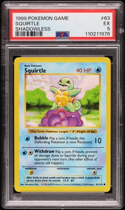 1999 Pokemon Base Set Shadowless Squirtle #63 PSA 5 EX