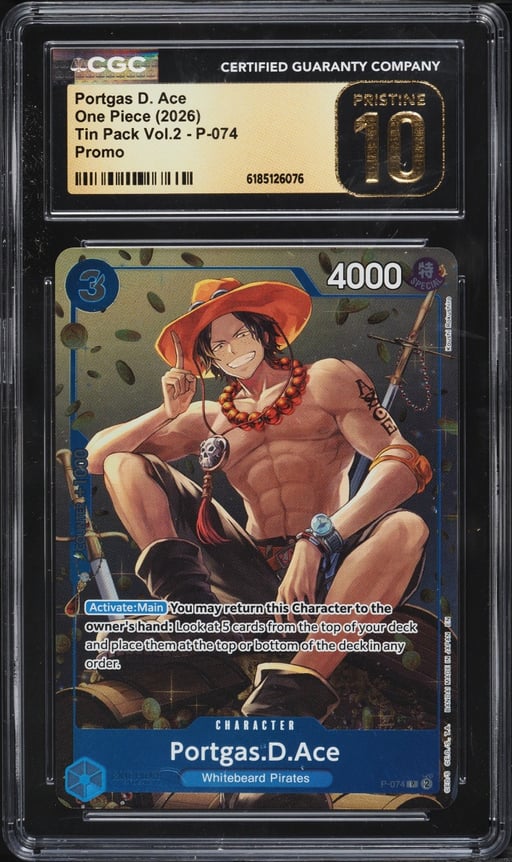 2026 One Piece Promo Tin Pack Vol.2 Portgas D. Ace #P-074 CGC 10 PRISTINE