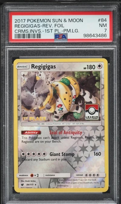 2017 Pokemon SM Crimson Invasion 1st Place Reverse Holo Regigigas #84 PSA 7 NRMT