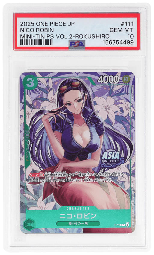 2025 One Piece Promo Mini Tin Pack Set Volume 2 Japanese Koushi Rokushiro Nico Robin #P111 PSA 10