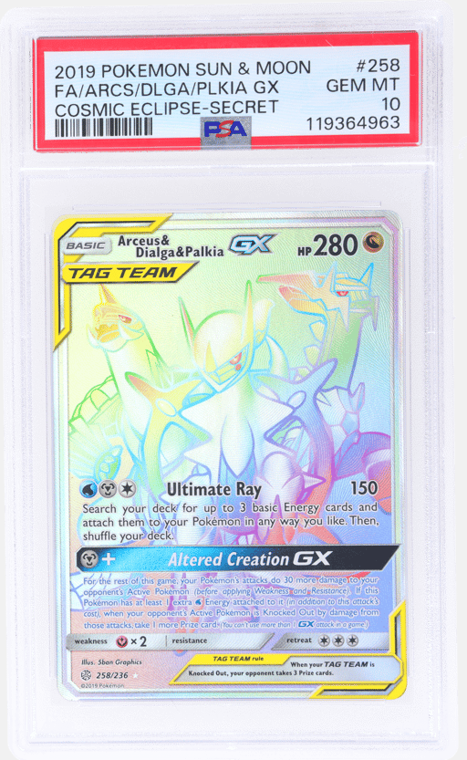 2019 Pokemon Sun and Moon Cosmic Eclipse Secret Rare Arceus/Dialga/Palkia Gx #258 PSA 10