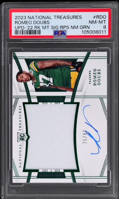 2023 National Treasures Update '22 Rookie Material Signature Rps Numbers Green Romeo Doubs #RMS-RDO 36/87 PSA 8