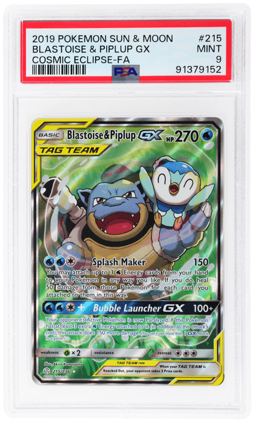 2019 Pokemon Sun and Moon Cosmic Eclipse Blastoise/Piplup Gx #215 PSA 9