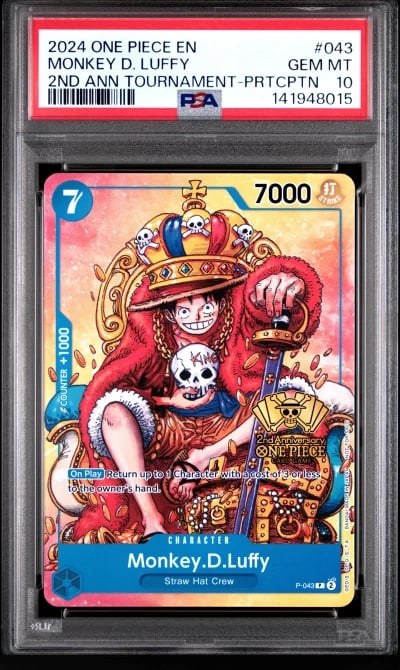 2024 ONE PIECE PROMOS 043 MONKEY D. LUFFY 2ND ANNIVERSARY TOURNAMENT-PARTICIPATION PSA 10