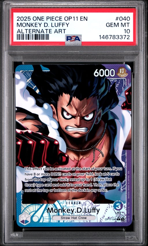 2025 ONE PIECE OP11-A FIST OF DIVINE SPEED 040 MONKEY D. LUFFY ALTERNATE ART PSA 10