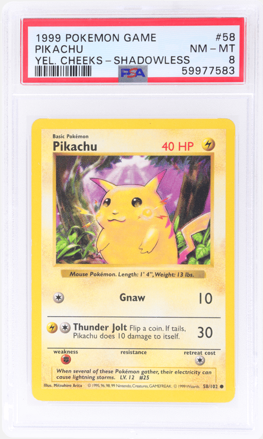 1999 Pokemon Base Set Yellow Cheeks Shadowless Pikachu #58 PSA 8