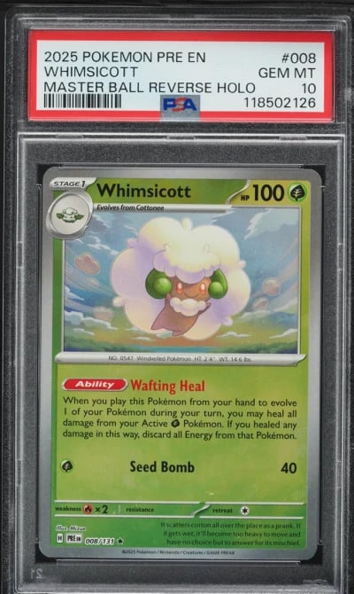 2025 Pokemon SV Prismatic Evolutions Master Ball Reverse Holo Whimsicott PSA 10