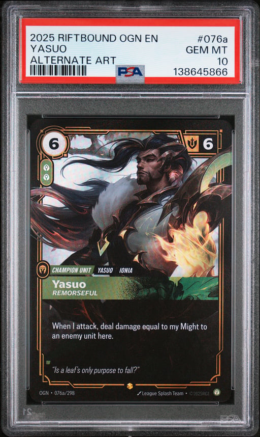 2025 RIFTBOUND: LEAGUE OF LEGENDS OGN-ORIGINS 076a YASUO - REMORSEFUL ALTERNATE ART PSA 10