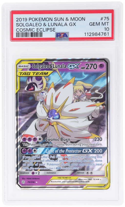 2019 Pokemon Sun and Moon Cosmic Eclipse Lunala Gx/Solgaleo #75 PSA 10