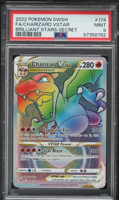 2022 Pokemon SWSH Brilliant Stars Rainbow Rare Charizard VSTAR #174 PSA 9 MINT