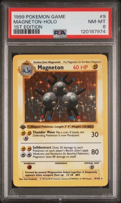 1999 POKEMON BASE SET 1ST EDITION SHADOWLESS #9 MAGNETON HOLO PSA 8