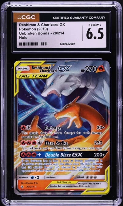 2019 Pokemon SM Unbroken Bonds Full Art Reshiram Charizard GX #20 CGC 6.5 EXMT+