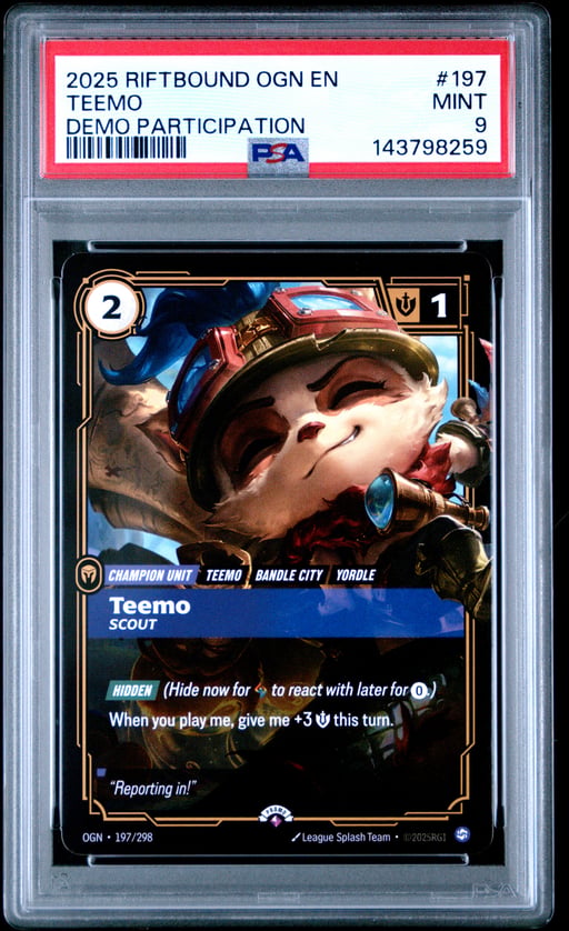 2025 RIFTBOUND: LEAGUE OF LEGENDS OGN-ORIGINS 197 TEEMO - SCOUT DEMO PARTICIPATION PSA 9
