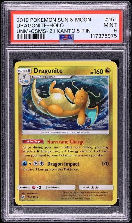 2019 Pokemon Sun & Moon Unified Minds Cosmos Holo Dragonite #151 PSA 9 MINT