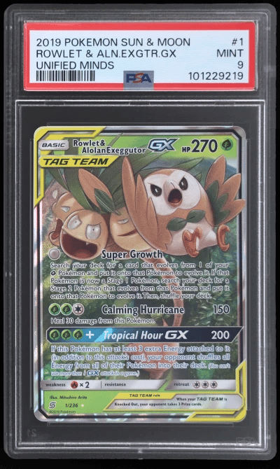 2019 Pokemon Sun and Moon Unified Minds Alolan Exeggutor Gx/Rowlet #1 PSA 9