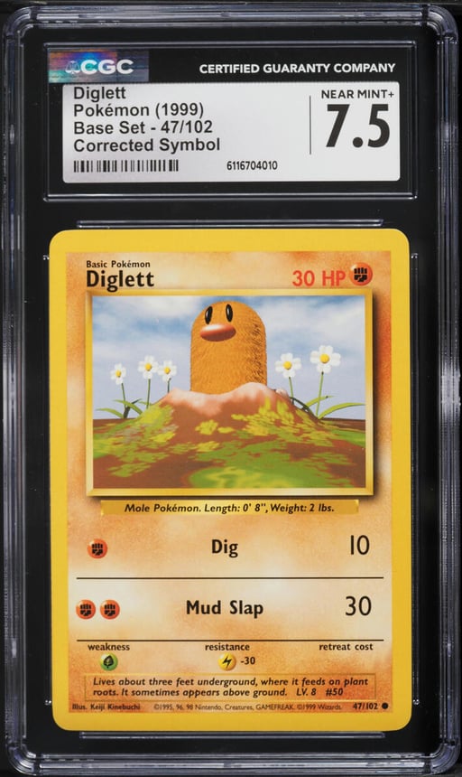 1999 Pokemon Base Set Corrected Symbol Diglett #47 CGC 7.5 NRMT+