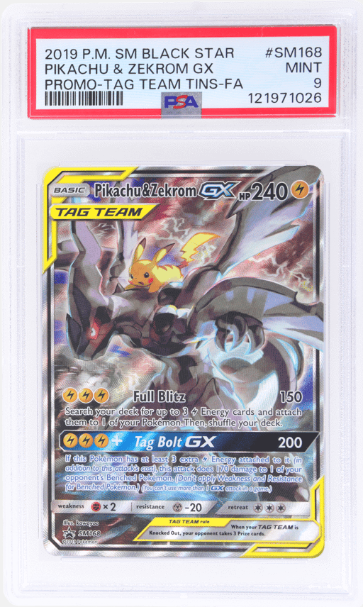 2019 Pokemon Sun and Moon Black Star Promo Tag Team Tins Pikachu/Zekrom Gx #SM168 PSA 9
