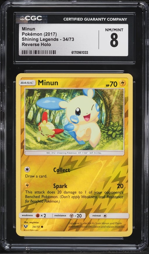 2017 Pokemon Sun & Moon Shining Legends Reverse Holo Minun #34 CGC 8 NM-MT