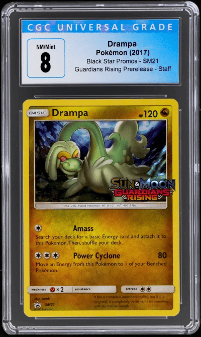 2017 Pokemon Sun and Moon Black Star Promo Guardians Rising Prerelease Staff Drampa #SM21 CGC 8