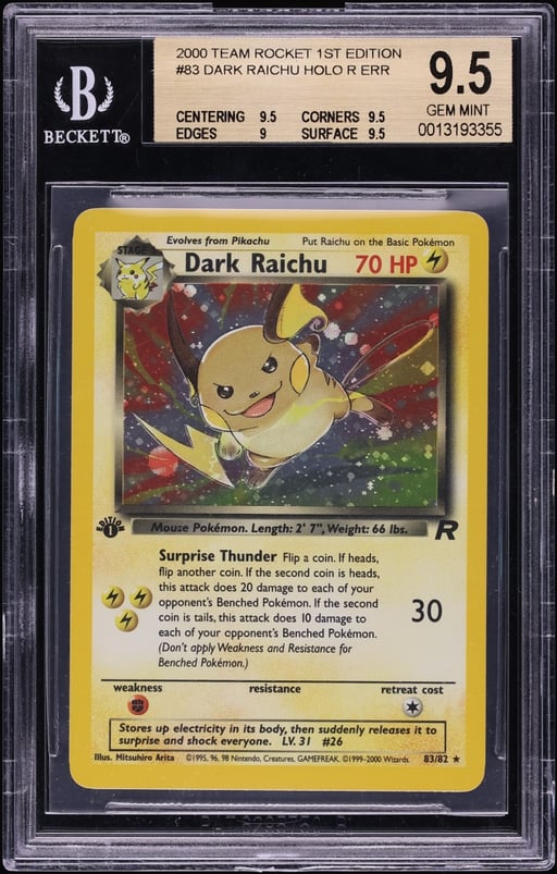 2000 Pokemon Team Rocket 1st Edition Holo Dark Raichu #83 BGS 9.5 GEM MINT