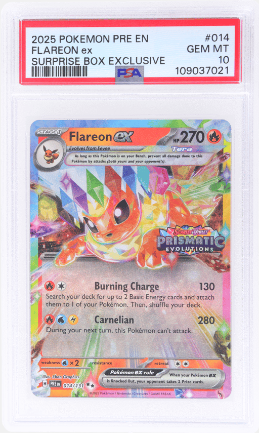 2025 Pokemon Scarlet and Violet Prismatic Evolutions Surprise Box Exclusive Flareon Ex #14 PSA 10