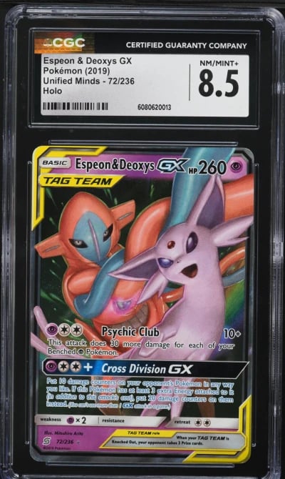 2019 Pokemon SM Unified Minds Full Art Espeon & Deoxys GX #72 CGC 8.5 NM-MT+