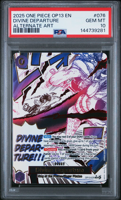 2025 ONE PIECE OP13-CARRYING ON HIS WILL 076 DIVINE DEPARTURE ALTERNATE ART PSA 10