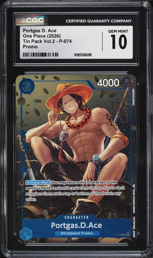 2026 One Piece Promo Tin Pack Vol.2 Portgas D. Ace #P-074 CGC 10 GEM MINT
