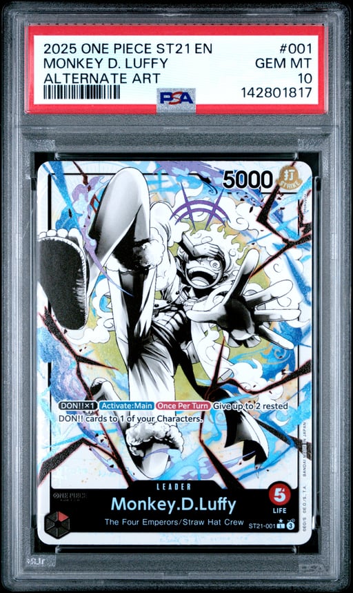2025 ONE PIECE STARTER DECK ST21-EX GEAR 5 001 MONKEY D. LUFFY BLACK & WHITE ALTERNATE ART PSA 10