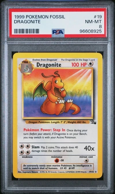 1999 POKEMON FOSSIL #19 DRAGONITE PSA 8