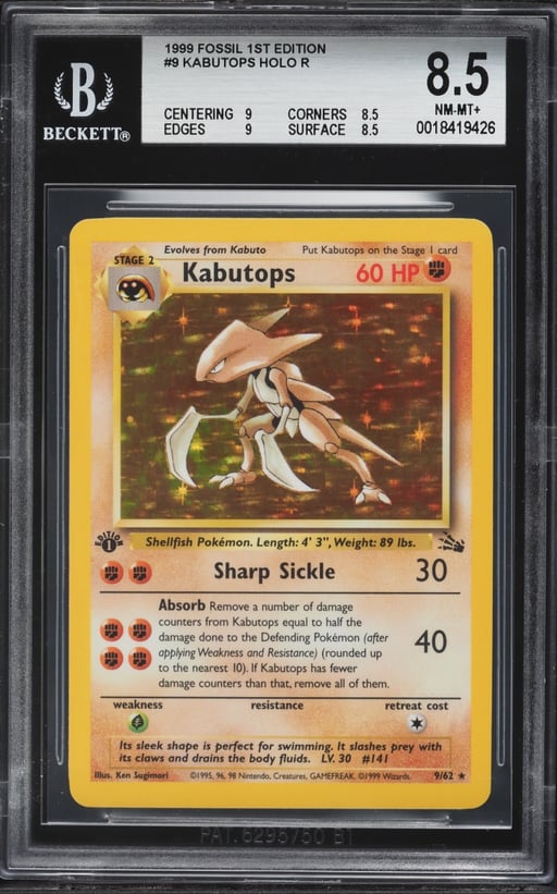 1999 Pokemon Fossil 1st Edition Holo Kabutops #9 BGS 8.5 NM-MT+
