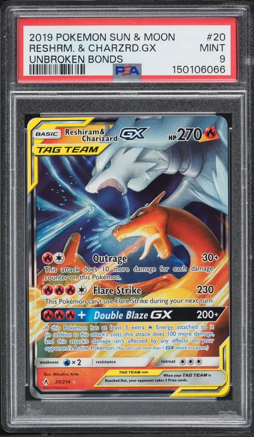 2019 Pokemon Sun & Moon Unbroken Bonds Holo Reshiram & Charizard GX #20 PSA 9 MINT