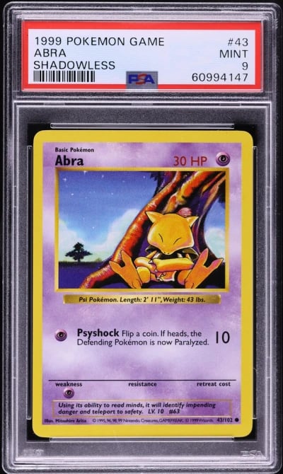 1999 Pokemon Base Set Shadowless Abra #43 PSA 9 MINT