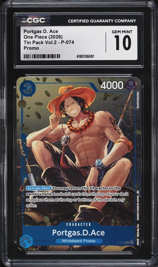 2026 One Piece Promo Tin Pack Vol.2 Portgas D. Ace #P-074 CGC 10 GEM MINT