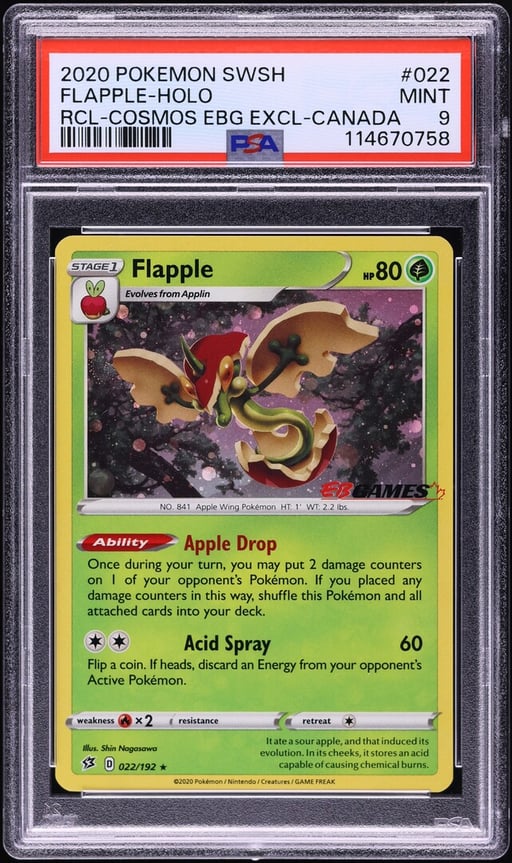 2020 Pokemon SWSH Rebel Clash EBG Exclusive Cosmos Holo Flapple #22 PSA 9 MINT