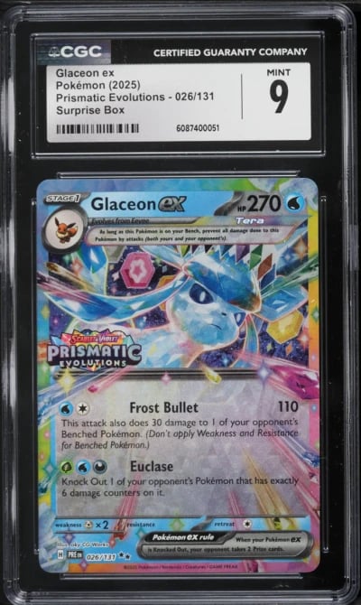 2025 Pokemon Scarlet & Violet Prismatic Evolutions Surprise Box Glaceon ex #26 CGC 9 MINT
