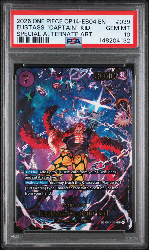2026 ONE PIECE OP14-EB04-THE AZURE SEA'S SEVEN 039 EUSTASS "CAPTAIN" KID SPECIAL ALTERNATE ART PSA 10